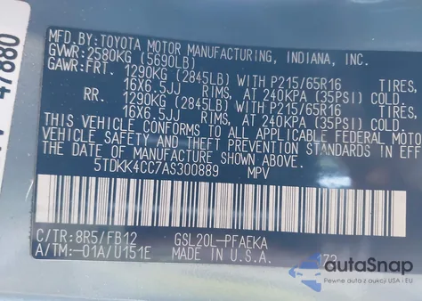 2010 Toyota Sienna Ce from USA, damaged, VIN 5TDKK4CC7AS300889